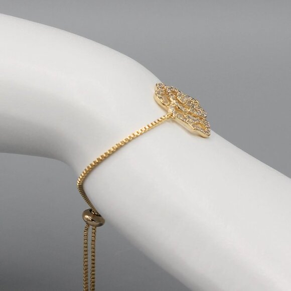 Jewelry bracelet rose flower elegant yellow gold tone adjustable sparkly new - Picture 6 of 6